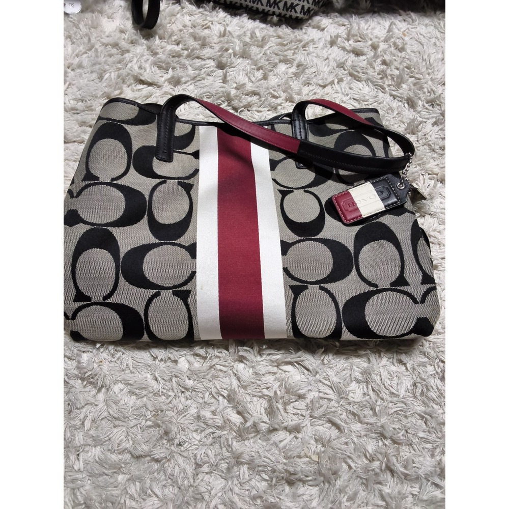 104.Coach Signature Stripe Tote Bag Black Grey Burgundy CanvasLeatherF1272-19299